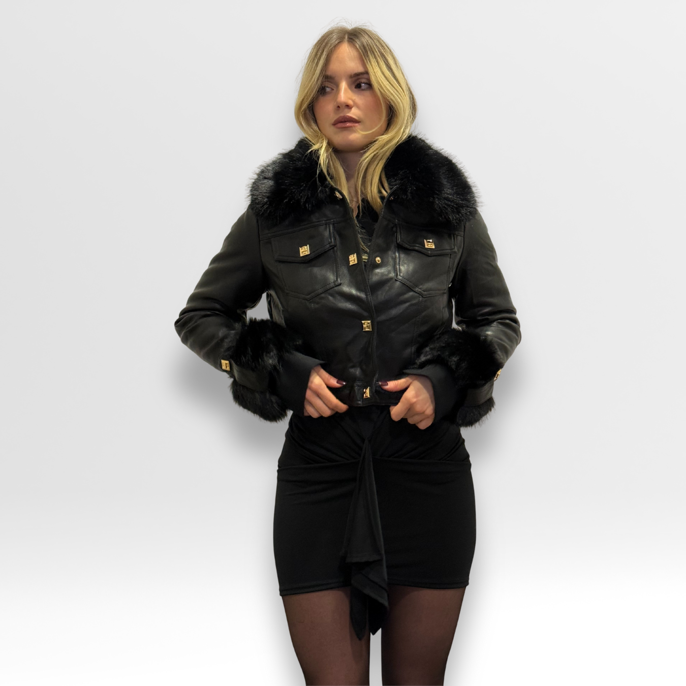 Giacca in Ecopelle con Collo in Pelliccia | Giacca Noir Bianca | Deda Roma