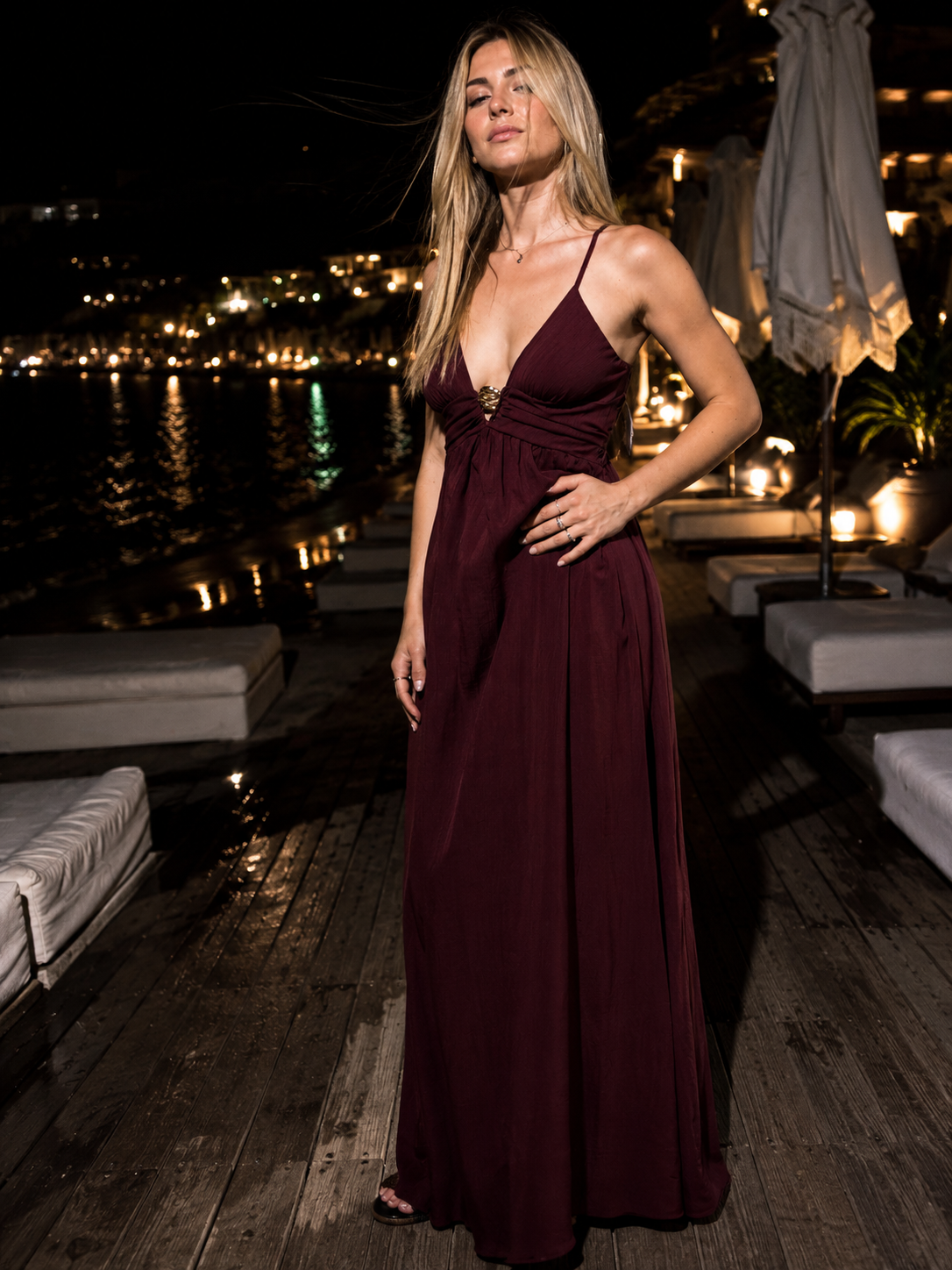Sienna Long Dress – Abito lungo bordeaux con dettaglio oro | Deda Roma