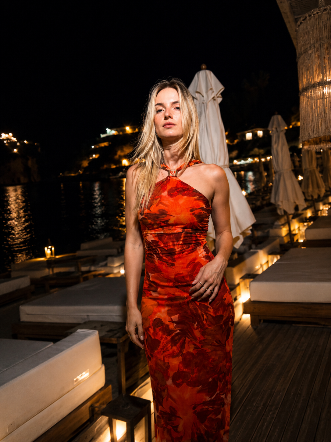 Valencia Sunset Dress – Abito midi floreale arancio con scollo halter | Deda Roma