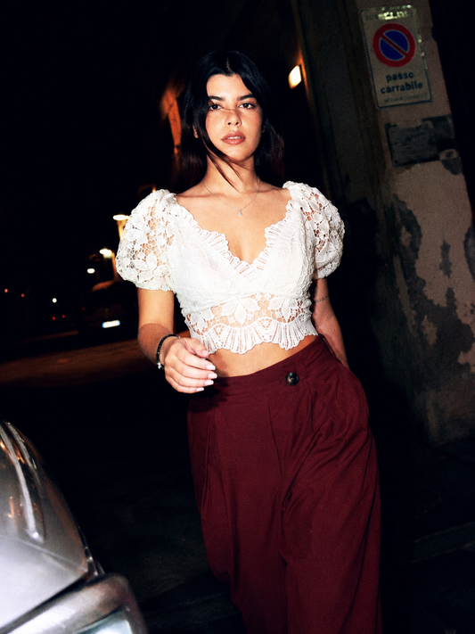 Top Crochet White con Maniche Voluminose | Deda Roma